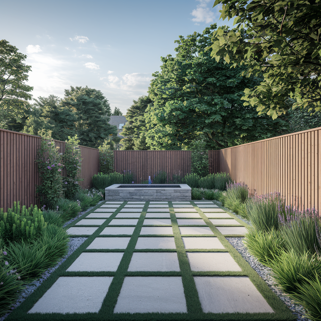 a_modern_and_serene_German_backyard_garden_with_natural_stone_patio_lush_green_plants_a_small_water_feature_and_wooden_privacy_fence_sunny_day_professional_landscaping_realistic_style